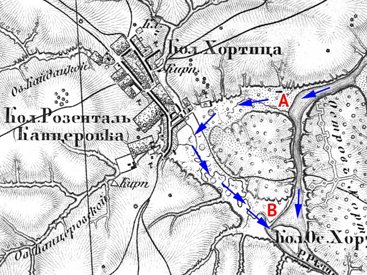 Карта окрестностей Старого Днепра в районе колонии Хортица, 19 век